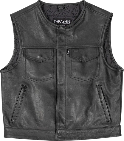 Black Encinal Leather Shorty Riding Vest by THRASHIN SUPPLY CO. in XL size, featuring a sleek design and durable leather construction.
