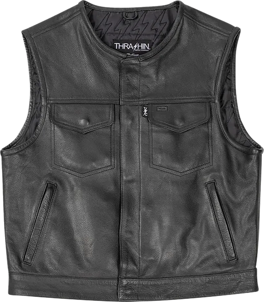 Black Encinal Leather Shorty Riding Vest by THRASHIN SUPPLY CO. in XL size, featuring a sleek design and durable leather construction.