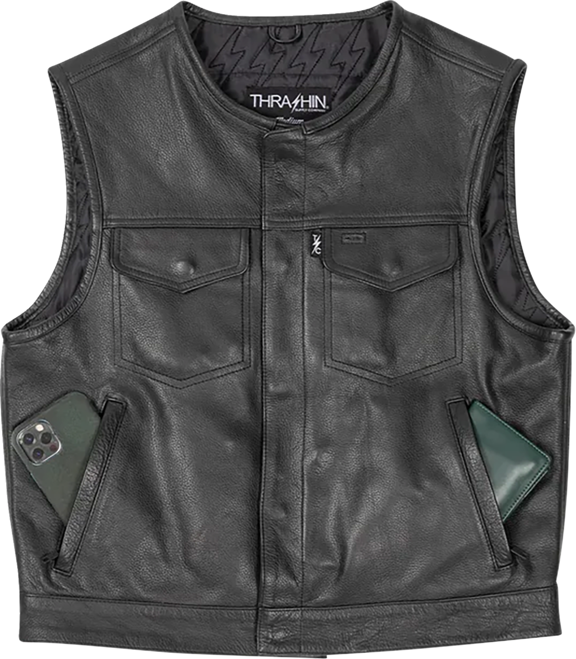 Black Encinal leather shorty riding vest by THRASHIN SUPPLY CO. in XL size, shown on a hanger with front design details visible.
