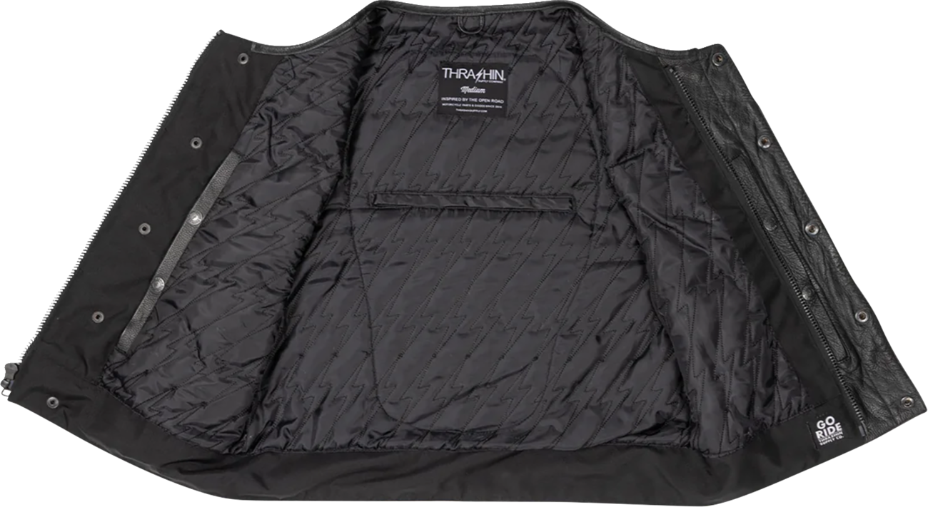 Black Encinal Leather Shorty Riding Vest by THRASHIN SUPPLY CO. in size XL, featuring a fitted design and leather construction.