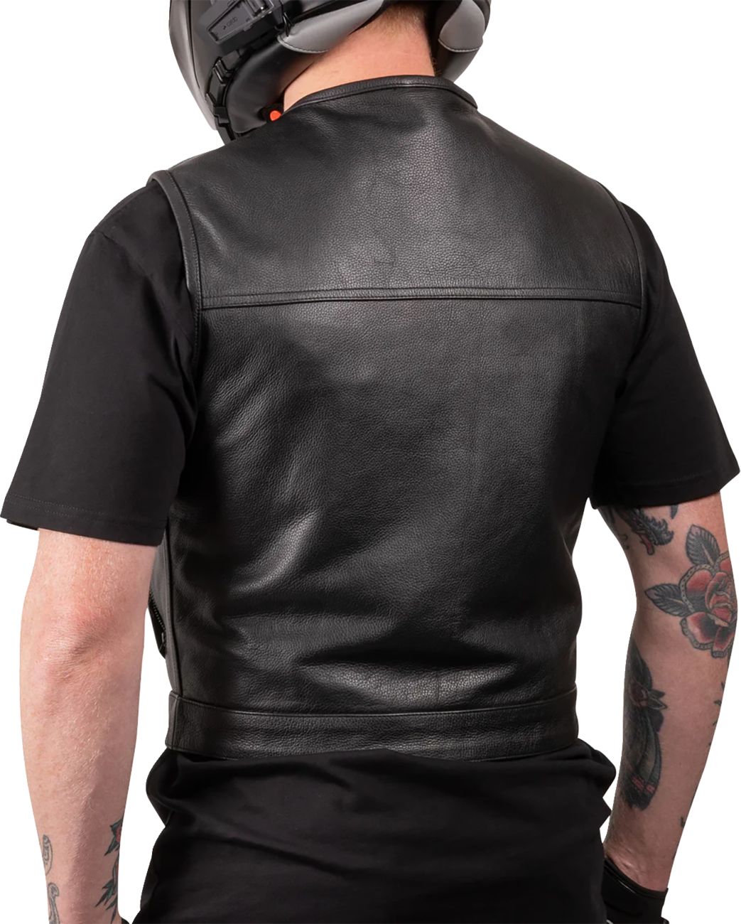 Black Encinal Leather Shorty Riding Vest by THRASHIN SUPPLY CO. in XL size, featuring a fitted style and metal hardware details.