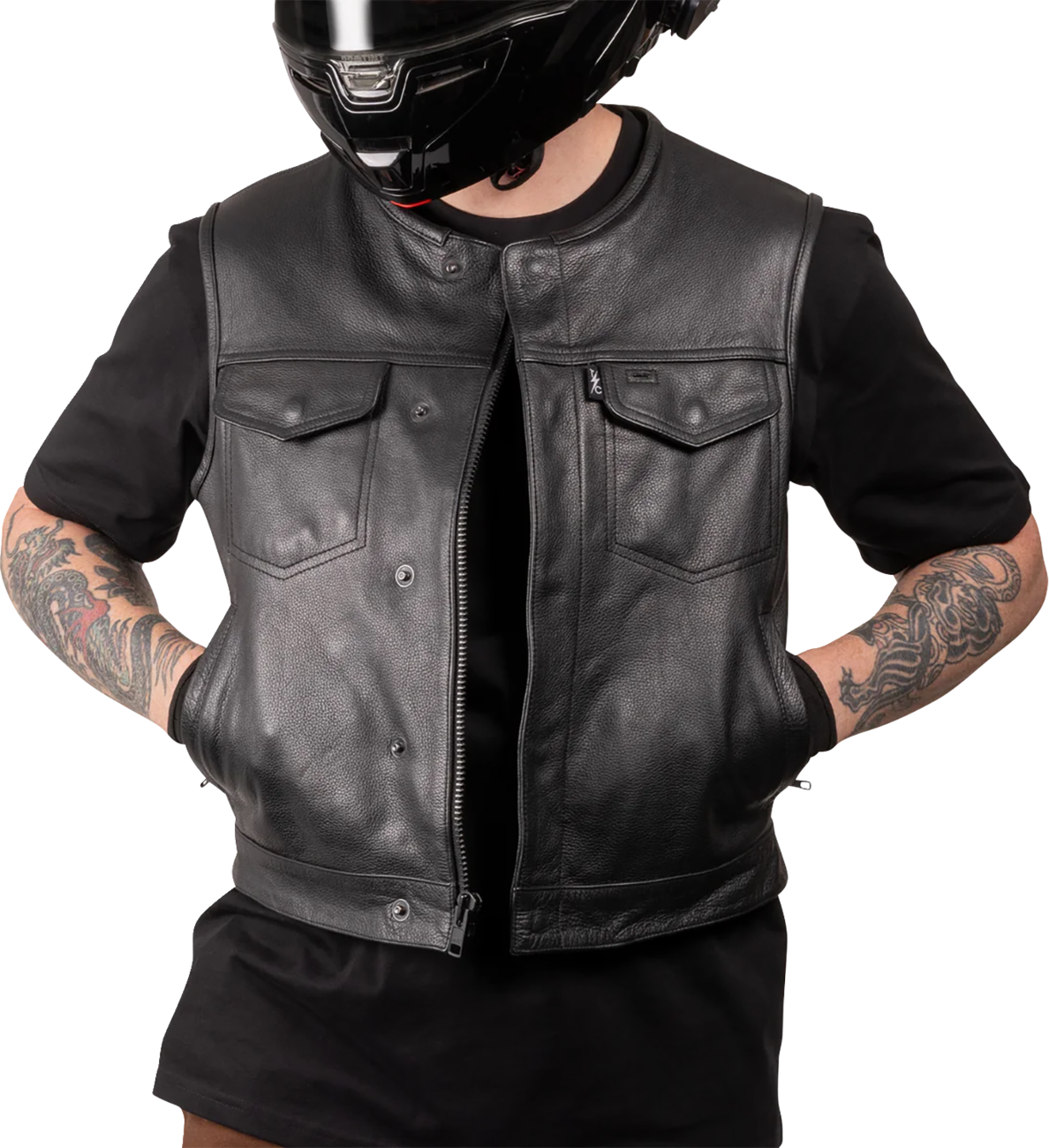 Black Encinal Leather Shorty Riding Vest by THRASHIN SUPPLY CO. in XL size, featuring a fitted design with leather details.