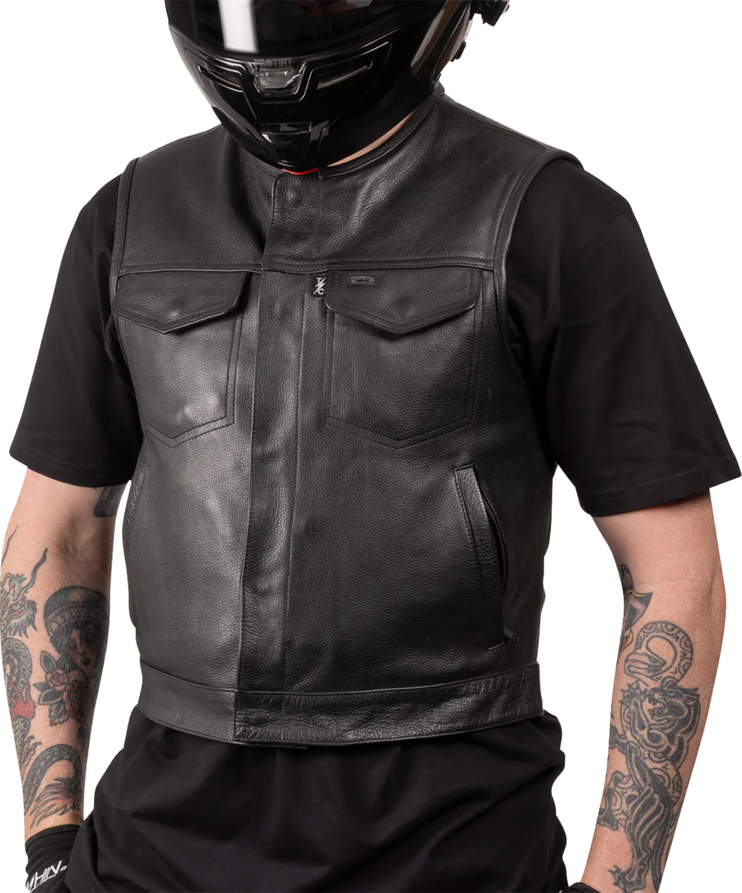 Black Encinal leather shorty riding vest by THRASHIN SUPPLY CO. in XL size, shown on a mannequin with front zipper and leather details.