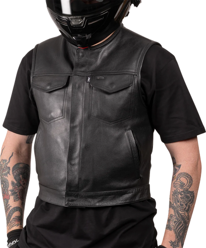 Black Encinal leather shorty riding vest by THRASHIN SUPPLY CO. in XL size, shown on a mannequin with front zipper and leather details.