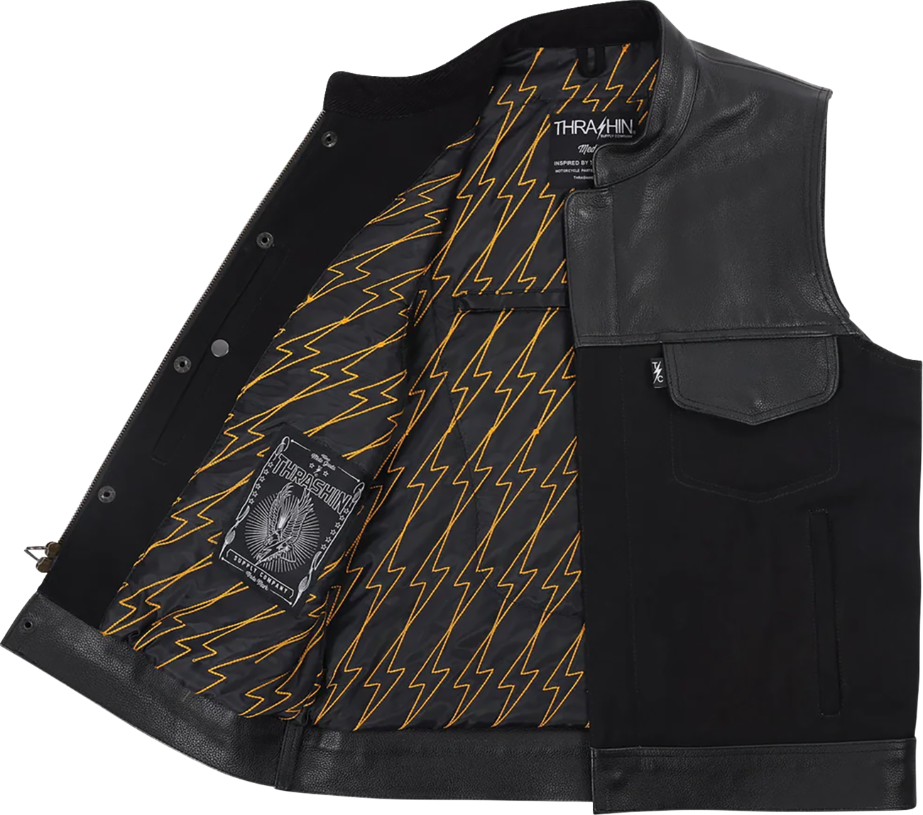 Black Kanan leather and denim riding vest in 2XL from THRASHIN SUPPLY CO., with detailed stitching and metal snap closures.
