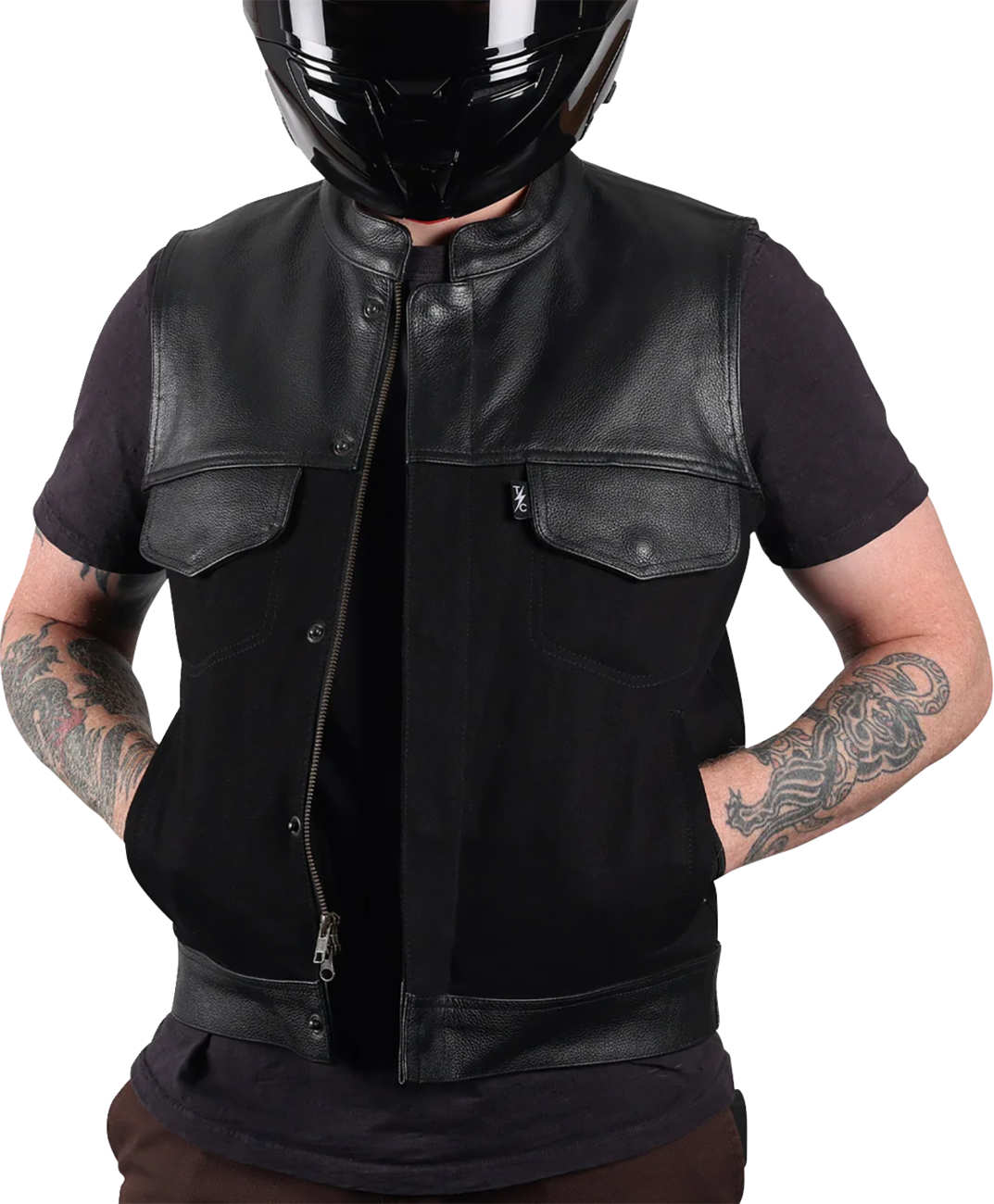 Black Kanan leather and denim riding vest by THRASHIN SUPPLY CO., 2XL size, featuring leather accents and denim panels.