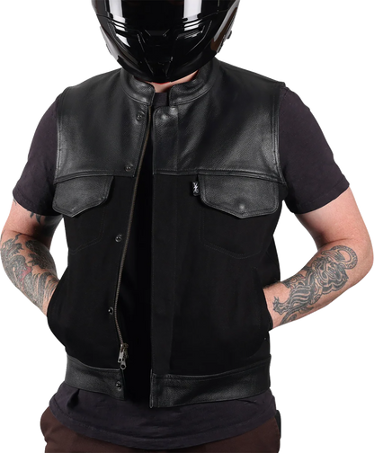 Black Kanan leather and denim riding vest by THRASHIN SUPPLY CO., 2XL size, featuring leather accents and denim panels.