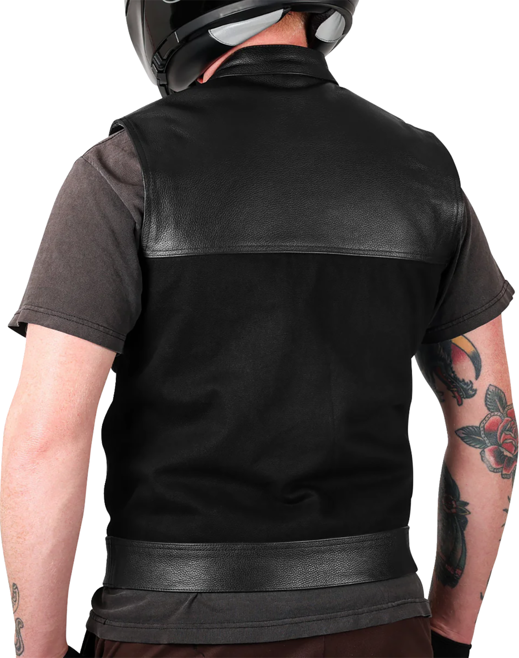 Black leather and denim riding vest by Thrashin Supply Co. in 2XL size, featuring metal accents and a rugged biker style.