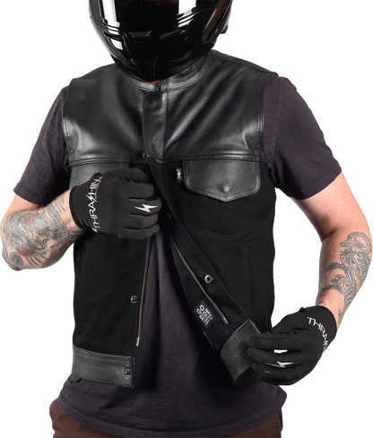 Black Kanan leather and denim riding vest by THRASHIN SUPPLY CO. in 2XL size, featuring a rugged, stylish design.