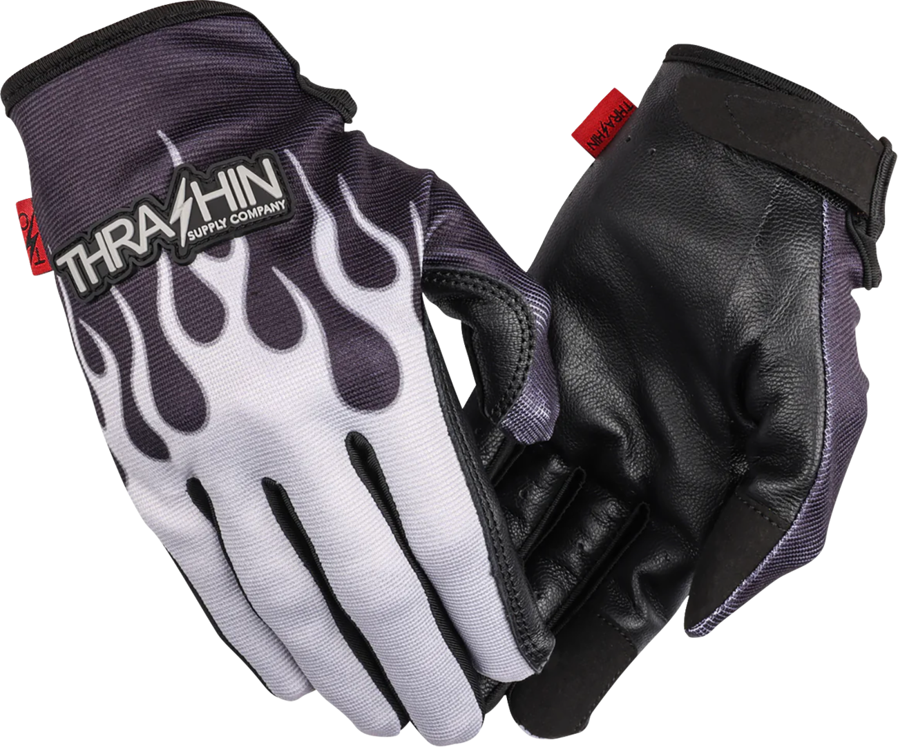 Gray Stealth Leather Palm Flame Gloves by THRASHIN SUPPLY CO. in small size, featuring leather palms and flame design.