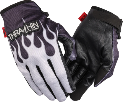 Gray Stealth Leather Palm Flame Gloves by THRASHIN SUPPLY CO. in small size, featuring leather palms and flame design.