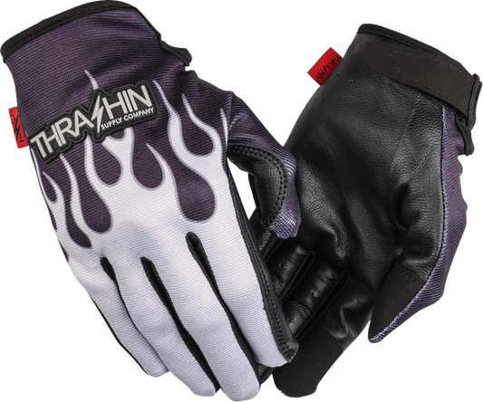 Gray Stealth Leather Palm Flame Gloves by THRASHIN SUPPLY CO. in small size, featuring leather palms and flame design.