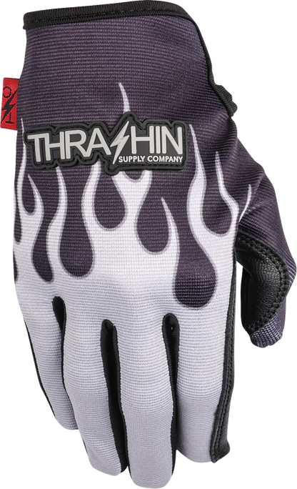 Gray Stealth Leather Palm Flame Gloves by THRASHIN SUPPLY CO., small size, showing the flame design and leather palm detail.
