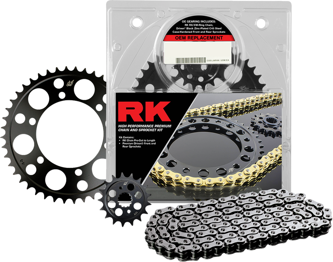 RK chain and sprocket kit for Triumph Scrambler 400X in black and natural finish, includes chain, sprockets, part number 7104-160EX