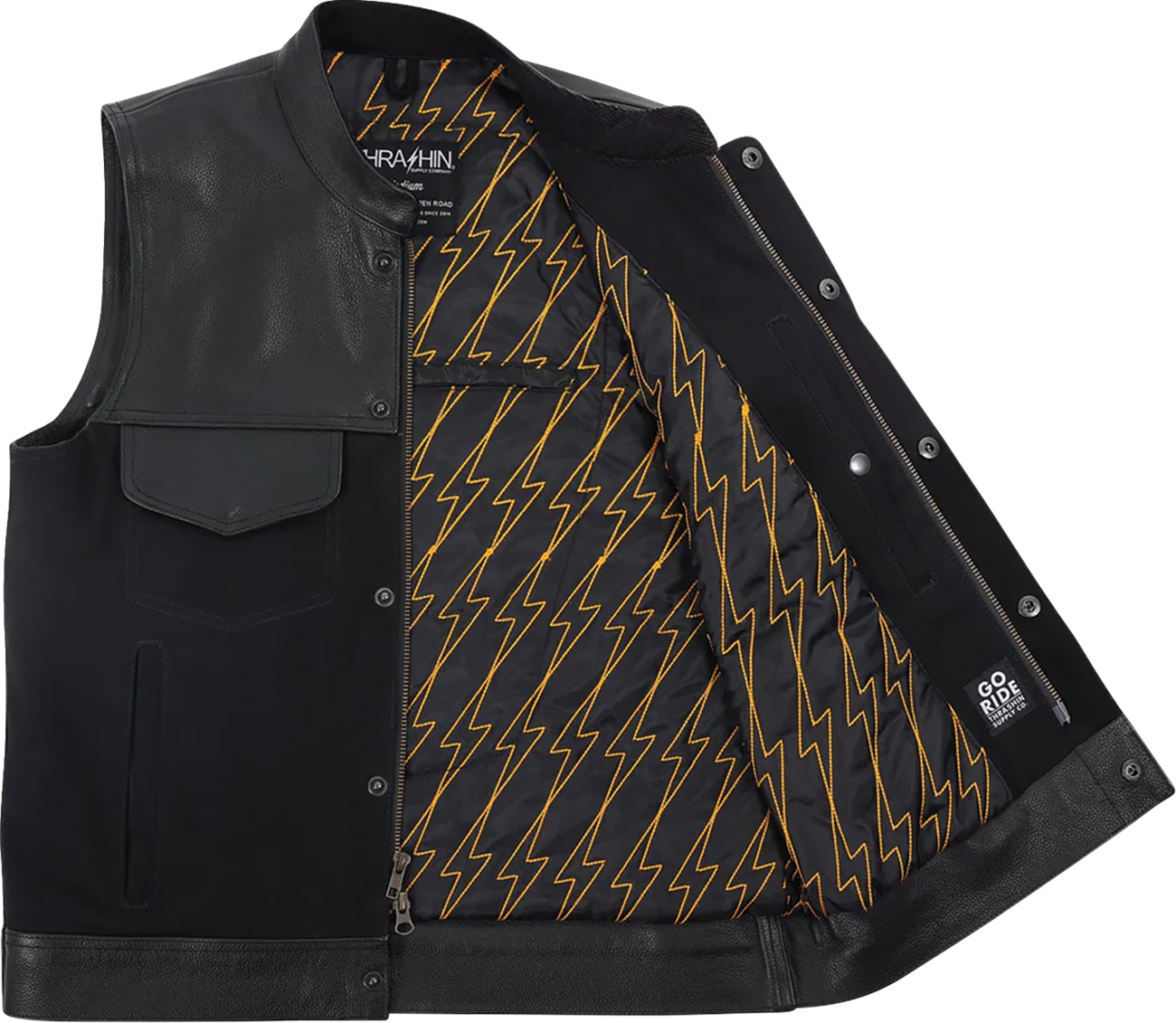 Black Kanan leather and denim riding vest by THRASHIN SUPPLY CO. in size medium, featuring detailed stitching and rugged style.