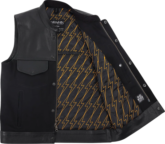 Black Kanan leather and denim riding vest by THRASHIN SUPPLY CO. in size medium, featuring detailed stitching and rugged style.