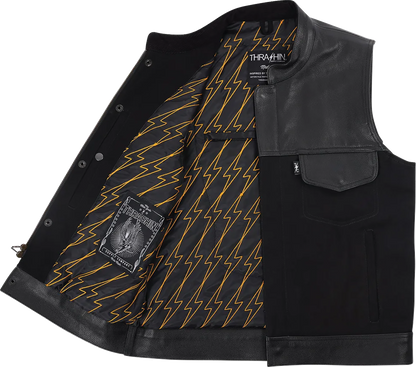 Black Kanan leather and denim riding vest by THRASHIN SUPPLY CO., size medium, featuring rugged stitching and stylish design.