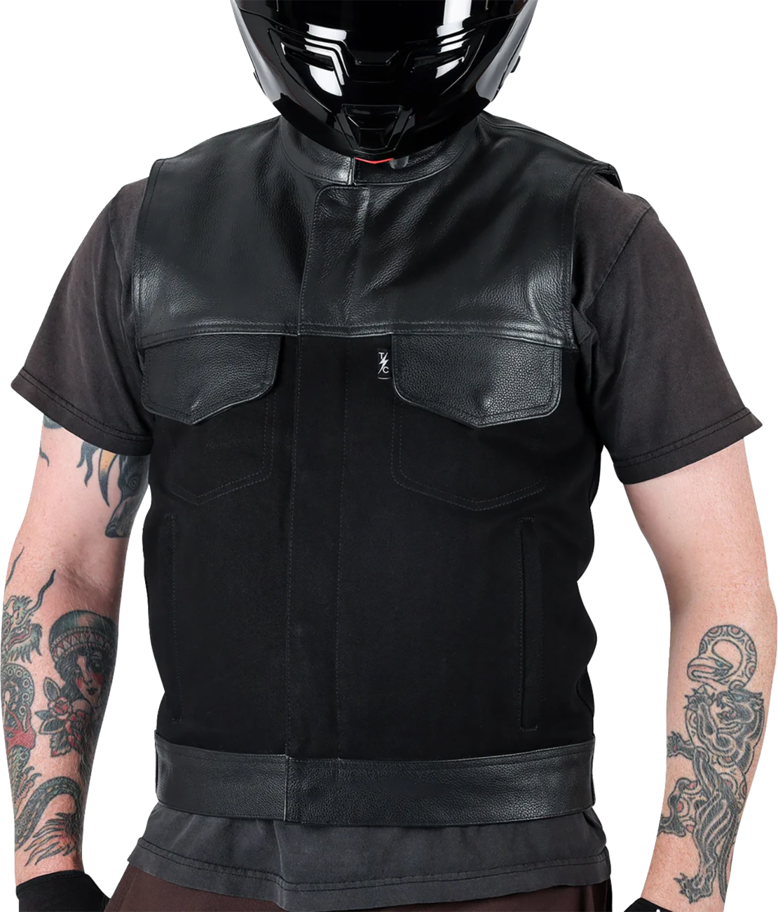 Black Kanan leather and denim riding vest by THRASHIN SUPPLY CO., size medium, featuring rugged style and detailed stitching.