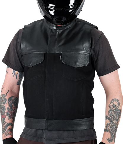 Black Kanan leather and denim riding vest by THRASHIN SUPPLY CO., small size, featuring metal hardware and dual front pockets.