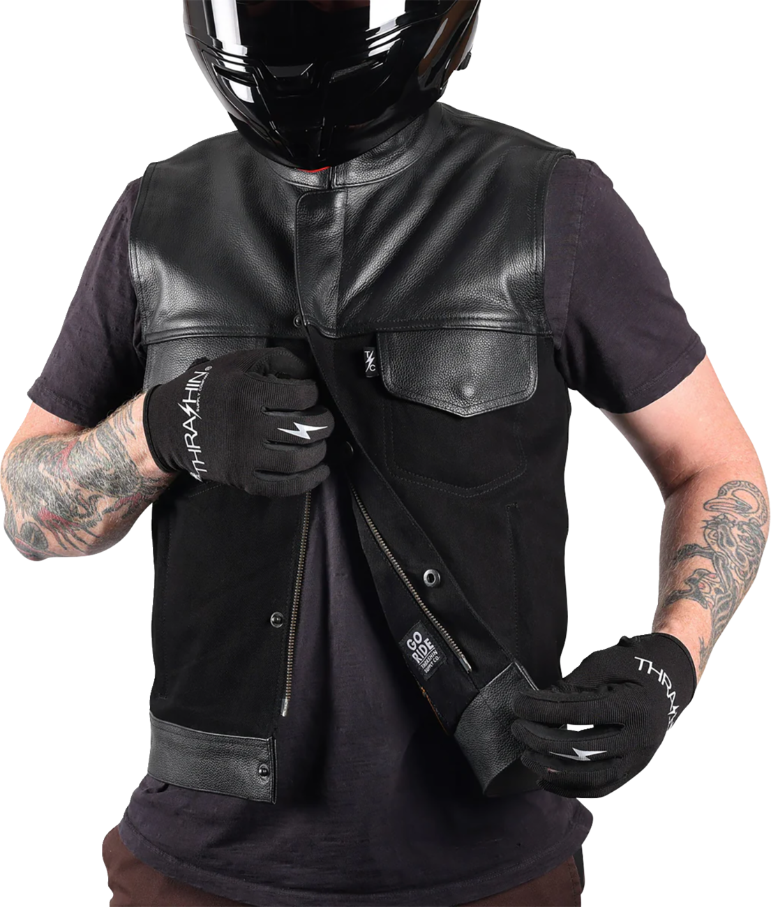 Black Kanan leather and denim riding vest by THRASHIN SUPPLY CO. in small size, featuring a stylish, rugged motorcycle vest design.