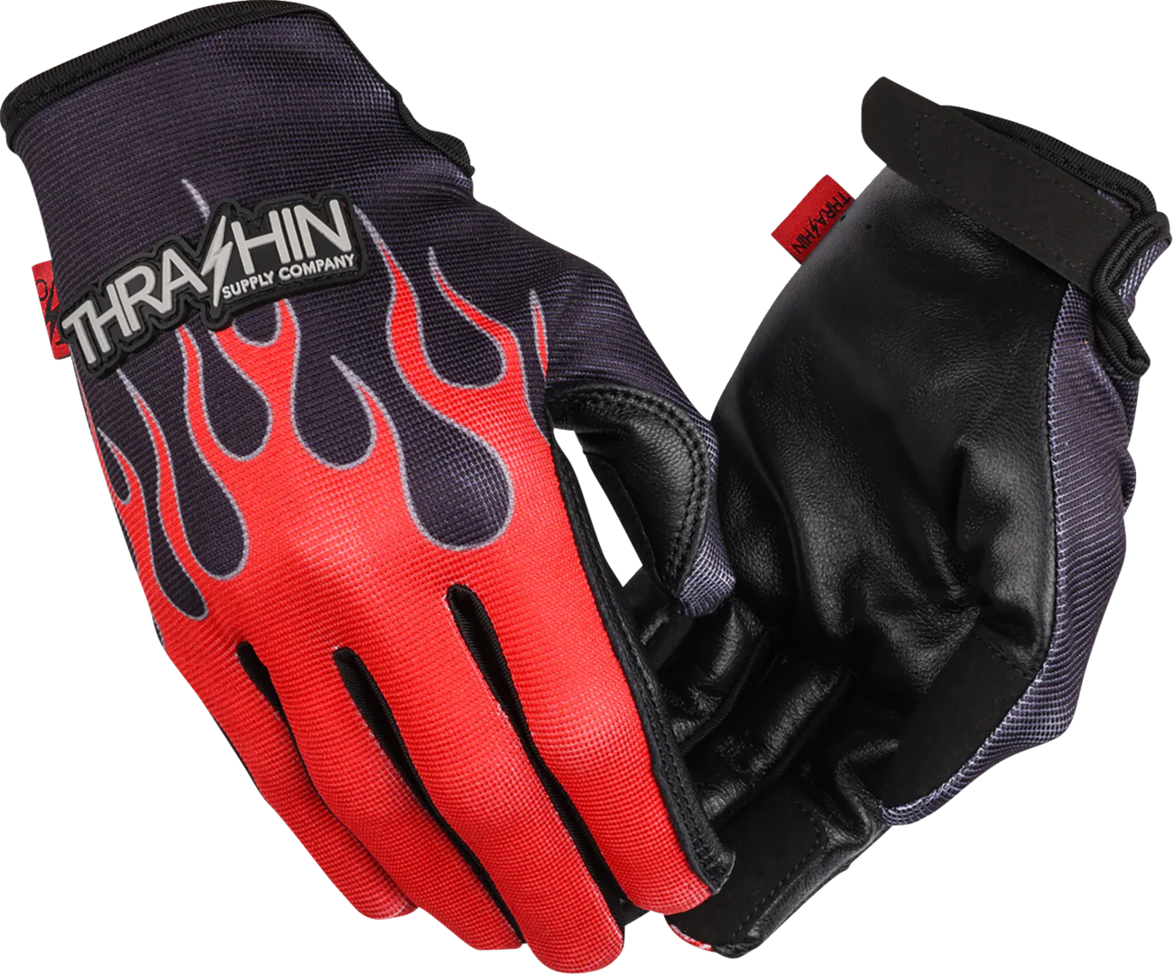 Red THRASHIN SUPPLY CO. Stealth Leather Palm Flame Gloves in 2XL size, showcasing durable leather palms with flame design.