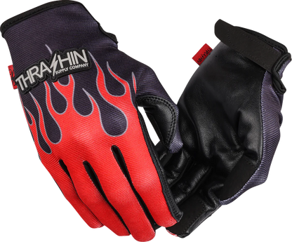 Red THRASHIN SUPPLY CO. Stealth Leather Palm Flame Gloves in 2XL size, showcasing durable leather palms with flame design.