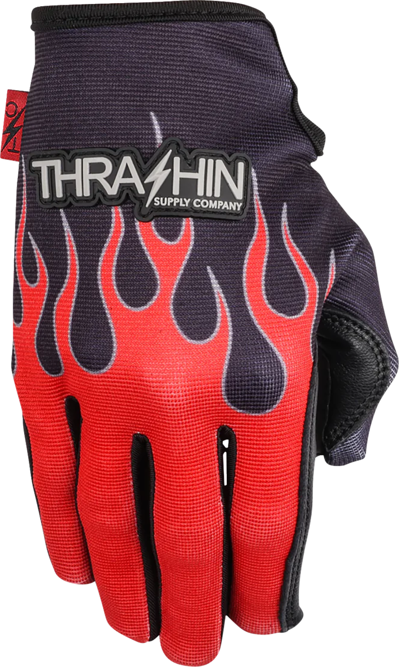 Red Stealth Leather Palm Flame Gloves by THRASHIN SUPPLY CO. in 2XL size, featuring leather palms and flame design.