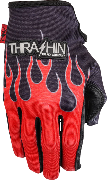 Red Stealth Leather Palm Flame Gloves by THRASHIN SUPPLY CO. in 2XL size, featuring leather palms and flame design.