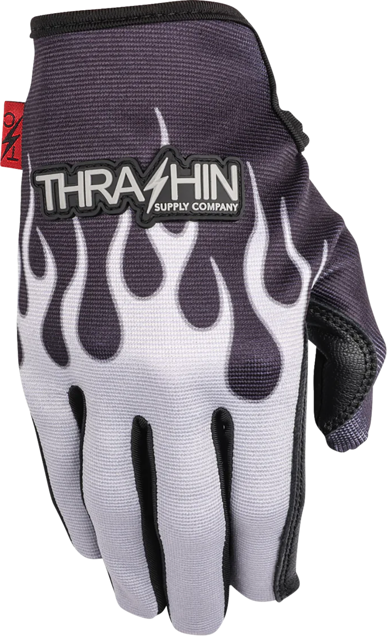Gray Stealth Leather Palm Flame Gloves by THRASHIN SUPPLY CO. with reinforced leather palms and flame design, medium size.