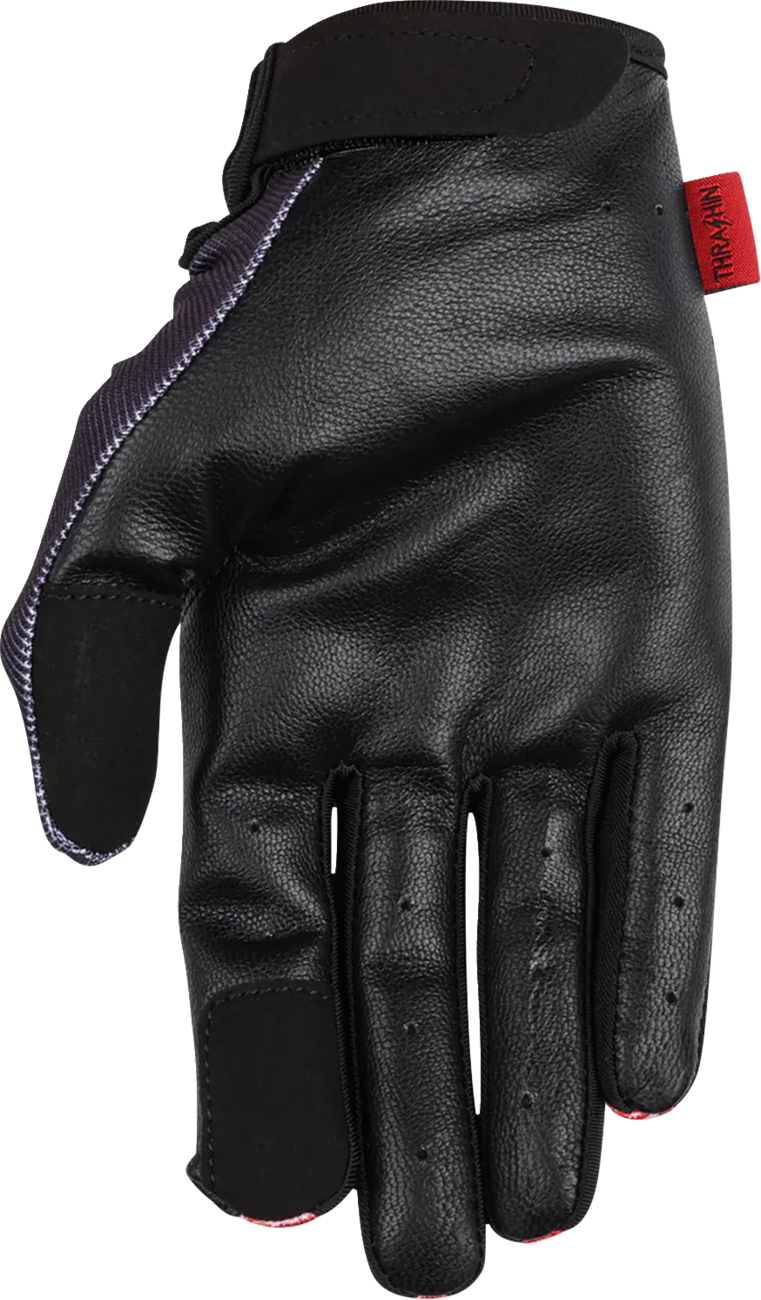 Red THRASHIN SUPPLY CO. Stealth Leather Palm Flame Gloves in 2XL, showing black leather palms and fiery flame design on the back.