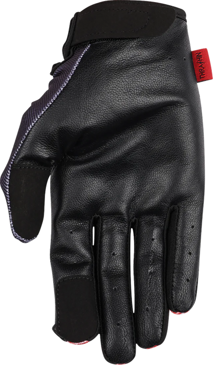 Red THRASHIN SUPPLY CO. Stealth Leather Palm Flame Gloves in 2XL, showing black leather palms and fiery flame design on the back.