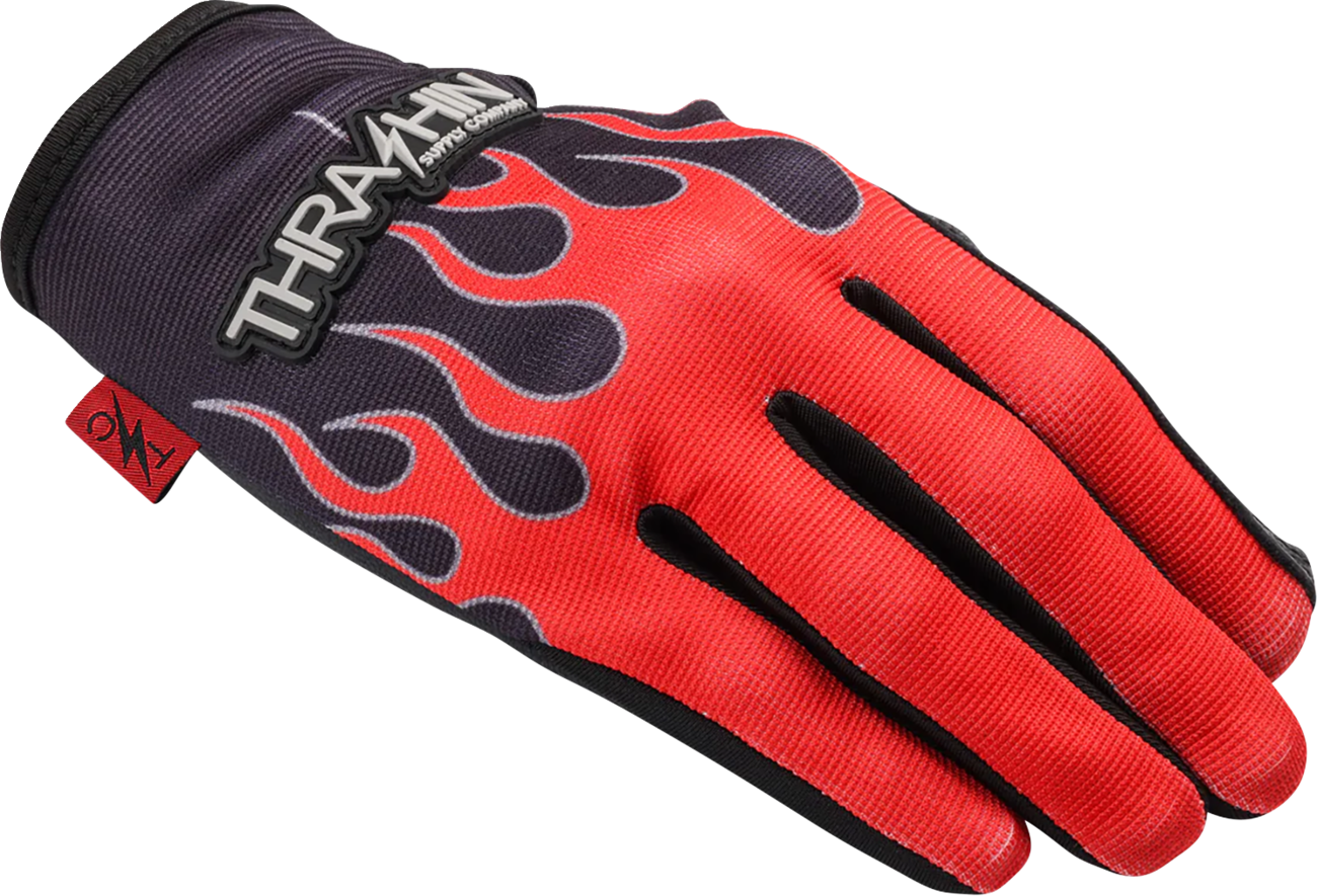 Red Stealth Leather Palm Flame Gloves by THRASHIN SUPPLY CO. in 2XL size, featuring durable leather palms and flame design.