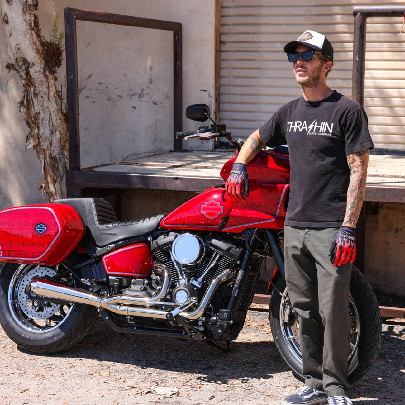 Red THRASHIN SUPPLY CO. Stealth Leather Palm Flame Gloves in 2XL size, featuring leather palms and flame design.