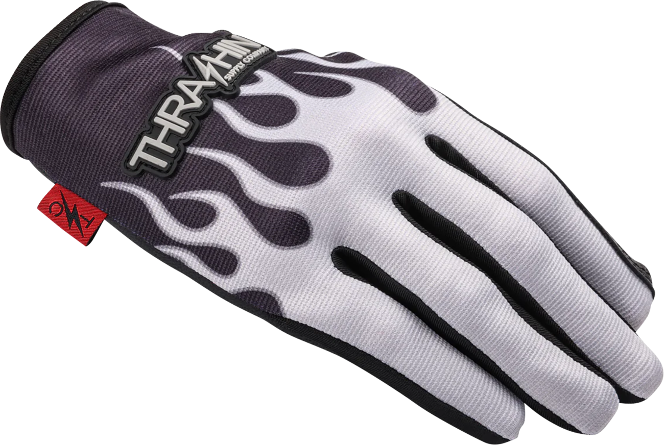 Gray Stealth Leather Palm Flame Gloves by THRASHIN SUPPLY CO. in medium size, featuring leather palms and flame design.