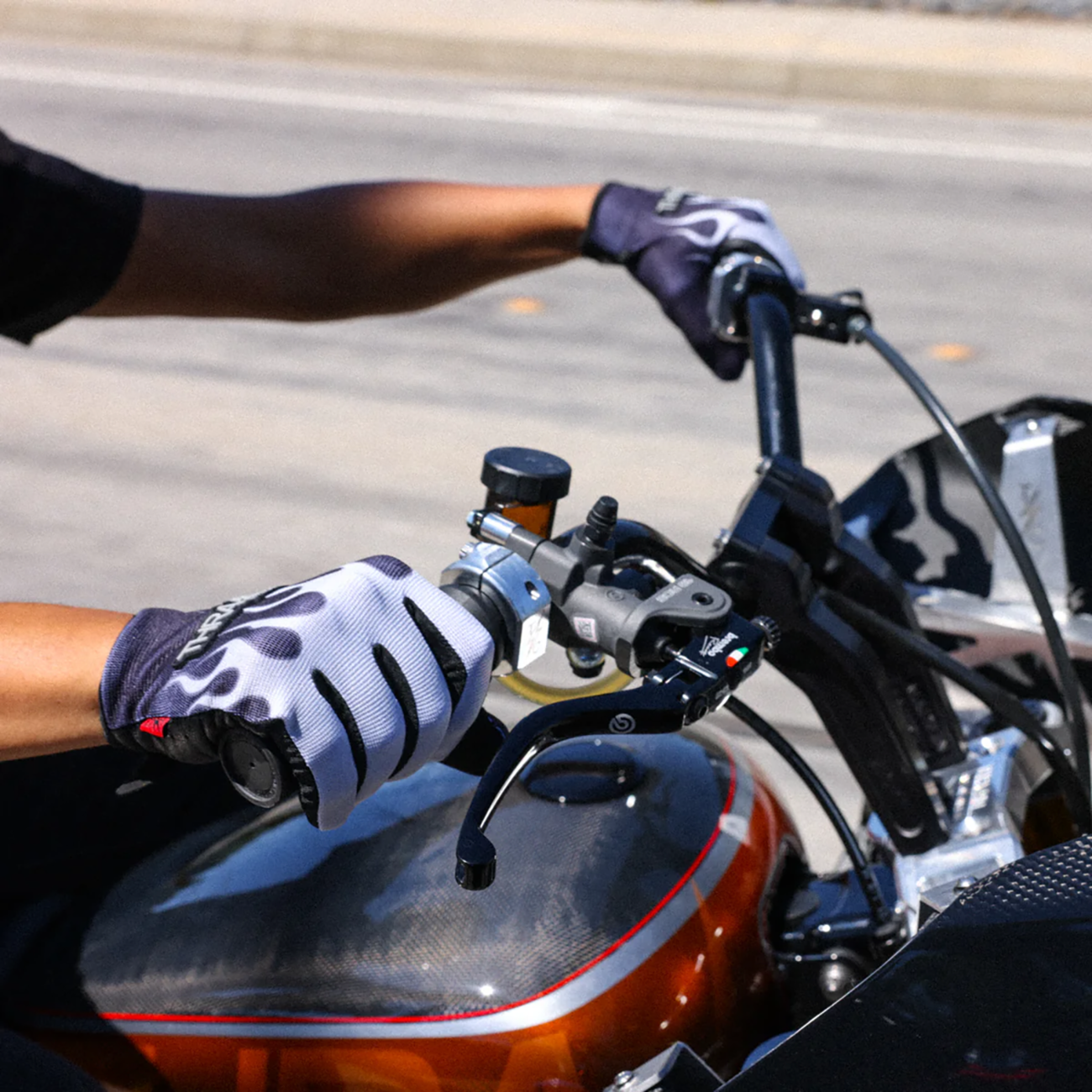 Gray Stealth Leather Palm Flame Gloves by THRASHIN SUPPLY CO. in medium size, featuring flame design on leather palms.