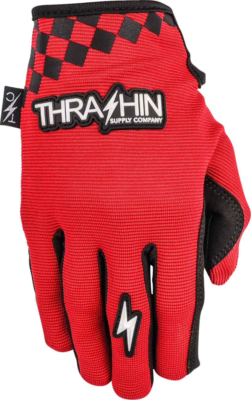 Red THRASHIN SUPPLY CO. Go Fast Stealth gloves in medium size, featuring a sleek design and durable material.