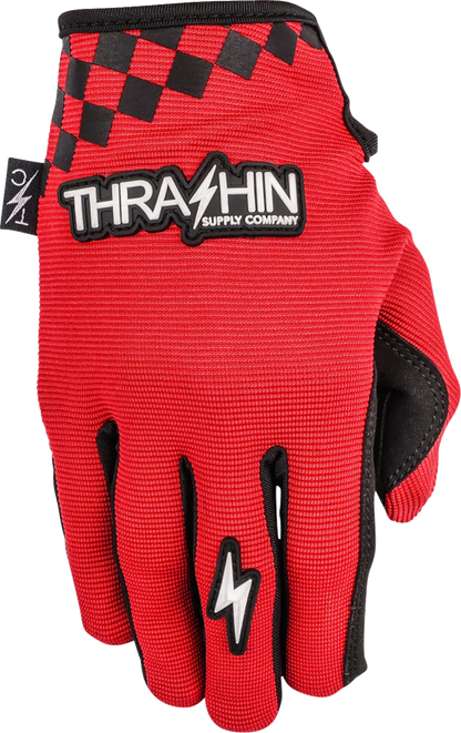 Red THRASHIN SUPPLY CO. Go Fast Stealth gloves in medium size, featuring a sleek design and durable material.