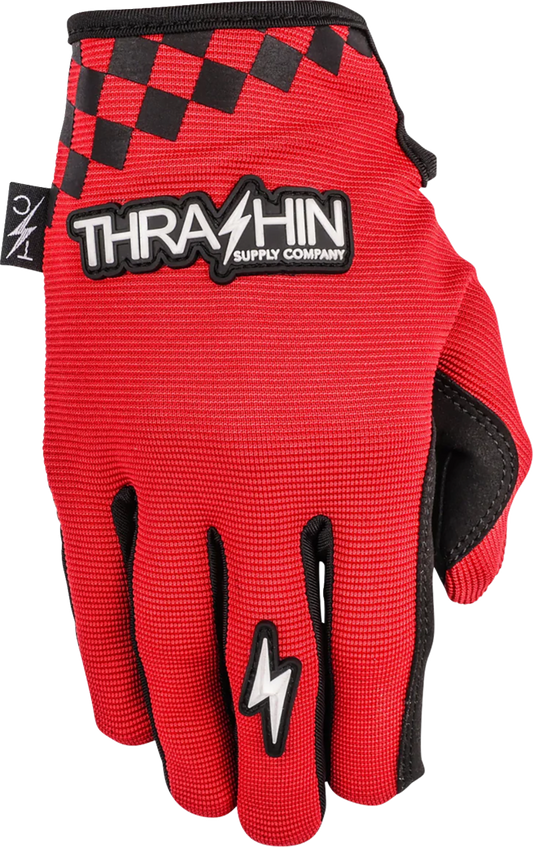 Red THRASHIN SUPPLY CO. Go Fast Stealth gloves in medium size, featuring a sleek design and durable material.
