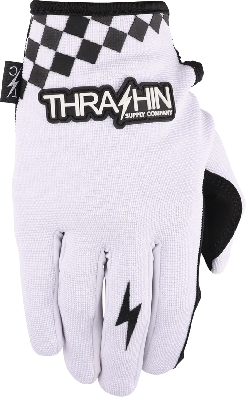 White THRASHIN SUPPLY CO. Go Fast Stealth gloves in size 2XL, showing black accents and textured palms for grip.