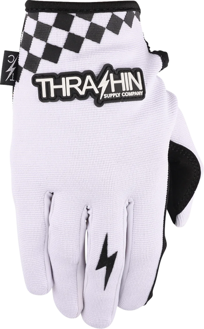 White THRASHIN SUPPLY CO. Go Fast Stealth gloves in size 2XL, showing black accents and textured palms for grip.