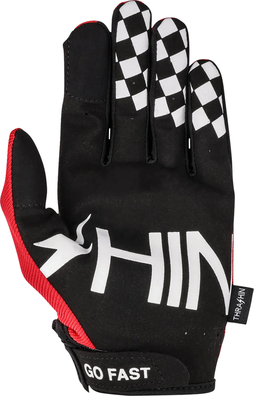 Red THRASHIN SUPPLY CO. Go Fast Stealth gloves in medium size, featuring a sleek design and durable material.