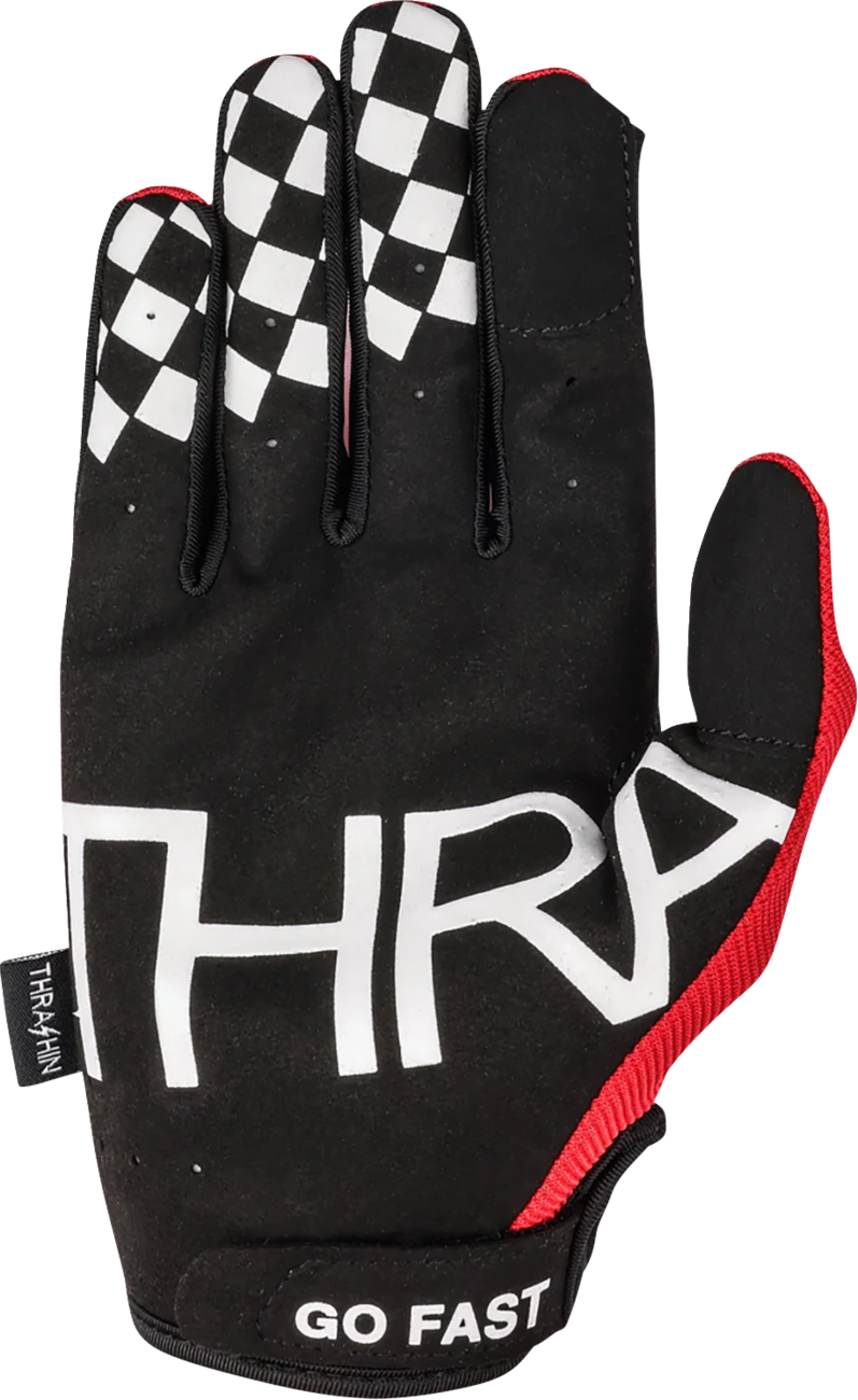Red medium Go Fast Stealth gloves from THRASHIN SUPPLY CO. with padded palms and sleek design for riding or outdoor activities.