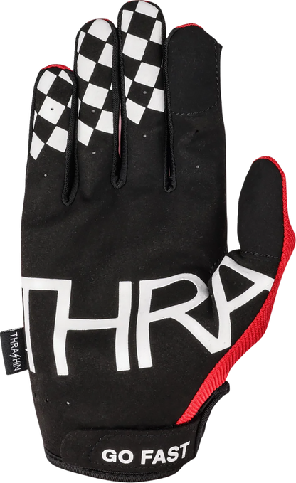 Red medium Go Fast Stealth gloves from THRASHIN SUPPLY CO. with padded palms and sleek design for riding or outdoor activities.