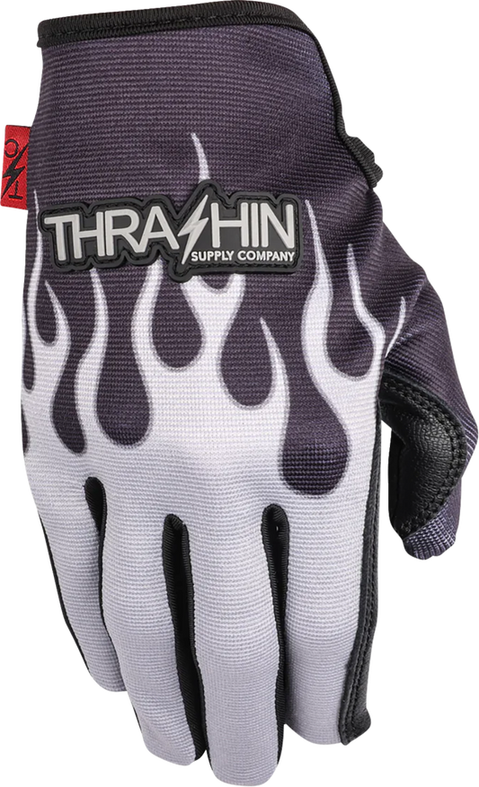 Gray Stealth Leather Palm Flame Gloves by THRASHIN SUPPLY CO., 2XL size, featuring leather palms and flame design.