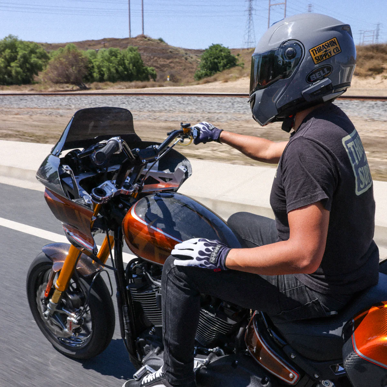 Gray Stealth Leather Palm Flame Gloves by THRASHIN SUPPLY CO., 2XL size, featuring flame design and protective leather palms.