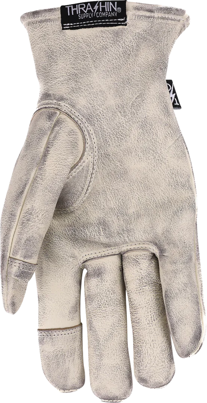Bone white Roper leather gloves by THRASHIN SUPPLY CO., medium size, showing detailed stitching and soft leather texture.