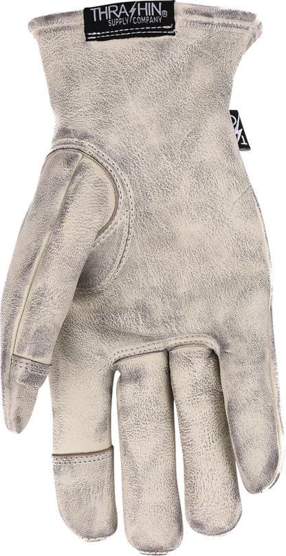 Bone white Roper leather gloves by THRASHIN SUPPLY CO., medium size, showing detailed stitching and soft leather texture.