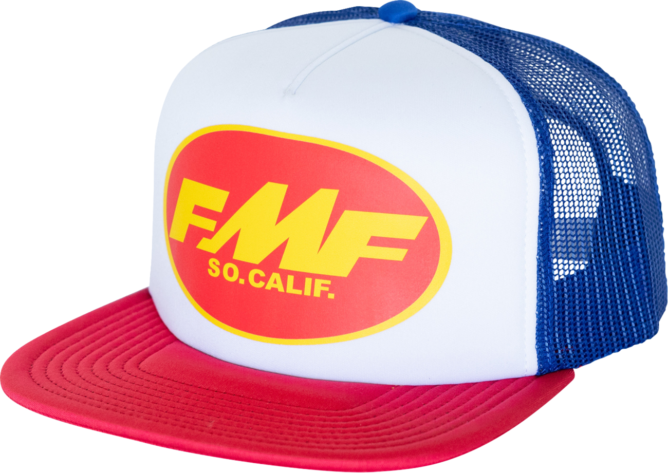 White FMF Big Pro Trucker Hat with mesh back and embroidered FMF logo, casual headwear for outdoor and everyday wear.