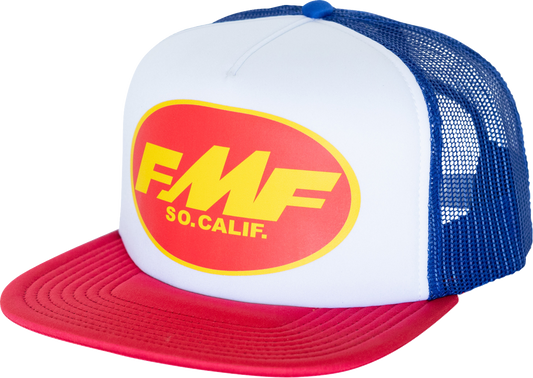 White FMF Big Pro Trucker Hat with mesh back and embroidered FMF logo, casual headwear for outdoor and everyday wear.