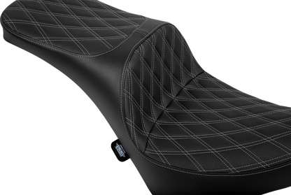 DRAG SPECIALTIES SEATS Freedom Seat for FL/FX 2018-2025, vinyl double diamond silver stitch design, close-up of seat surface